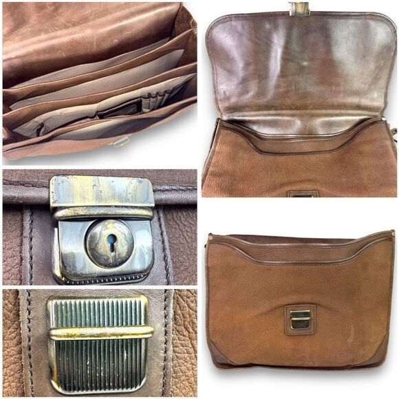Vintage Brown Leather Briefcase Messenger Shoulder Bag Multi Pocket Accordion - Picture 9 of 16